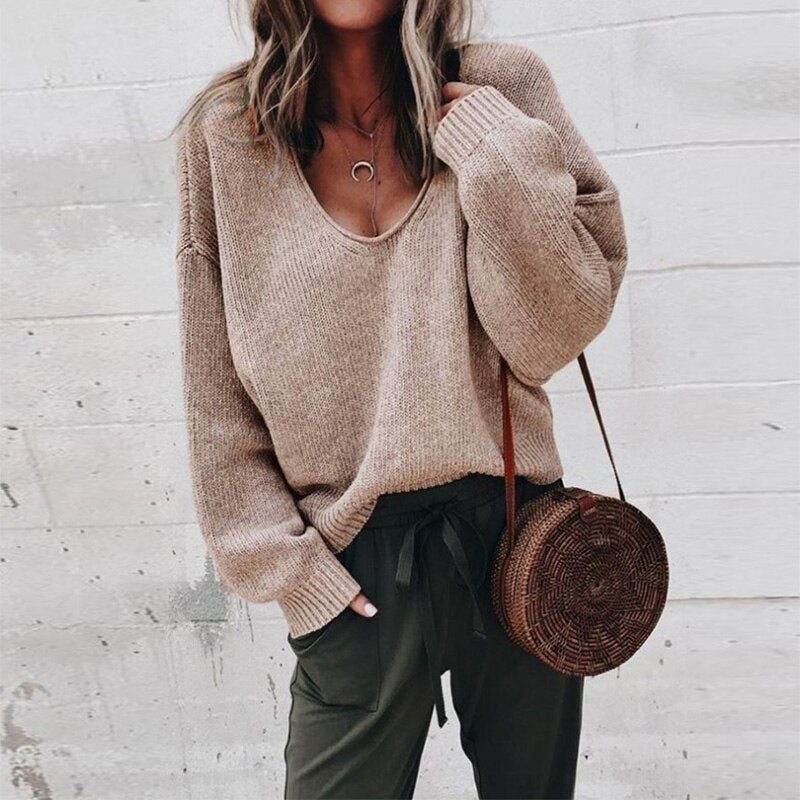 Knit Sweater - V Neck, Ribbed Trim & Flexible Shape