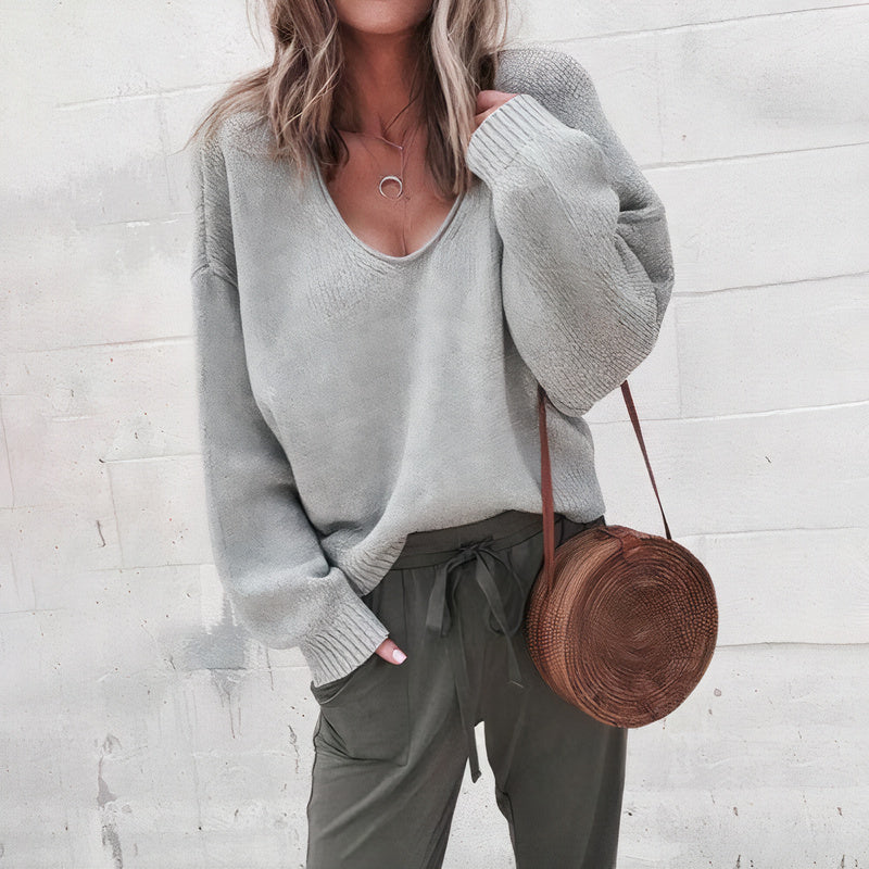 Knit Sweater - V Neck, Ribbed Trim & Flexible Shape