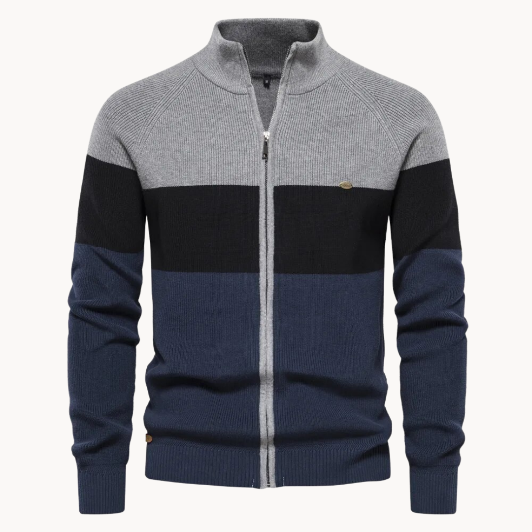 Knit Zip Cardigan - Contrast Stripe Collar & Easy Movement