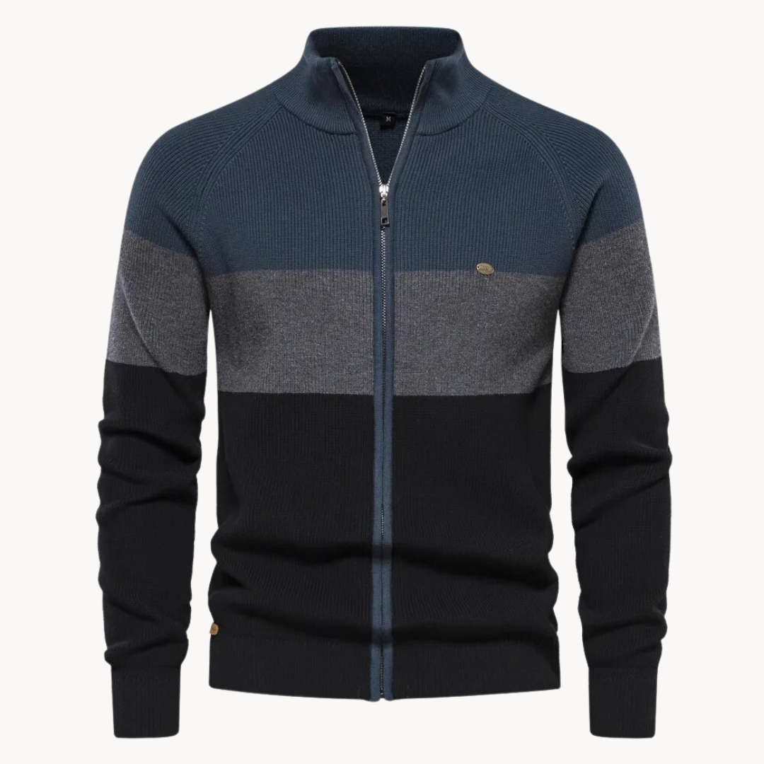 Knit Zip Cardigan - Contrast Stripe Collar & Easy Movement