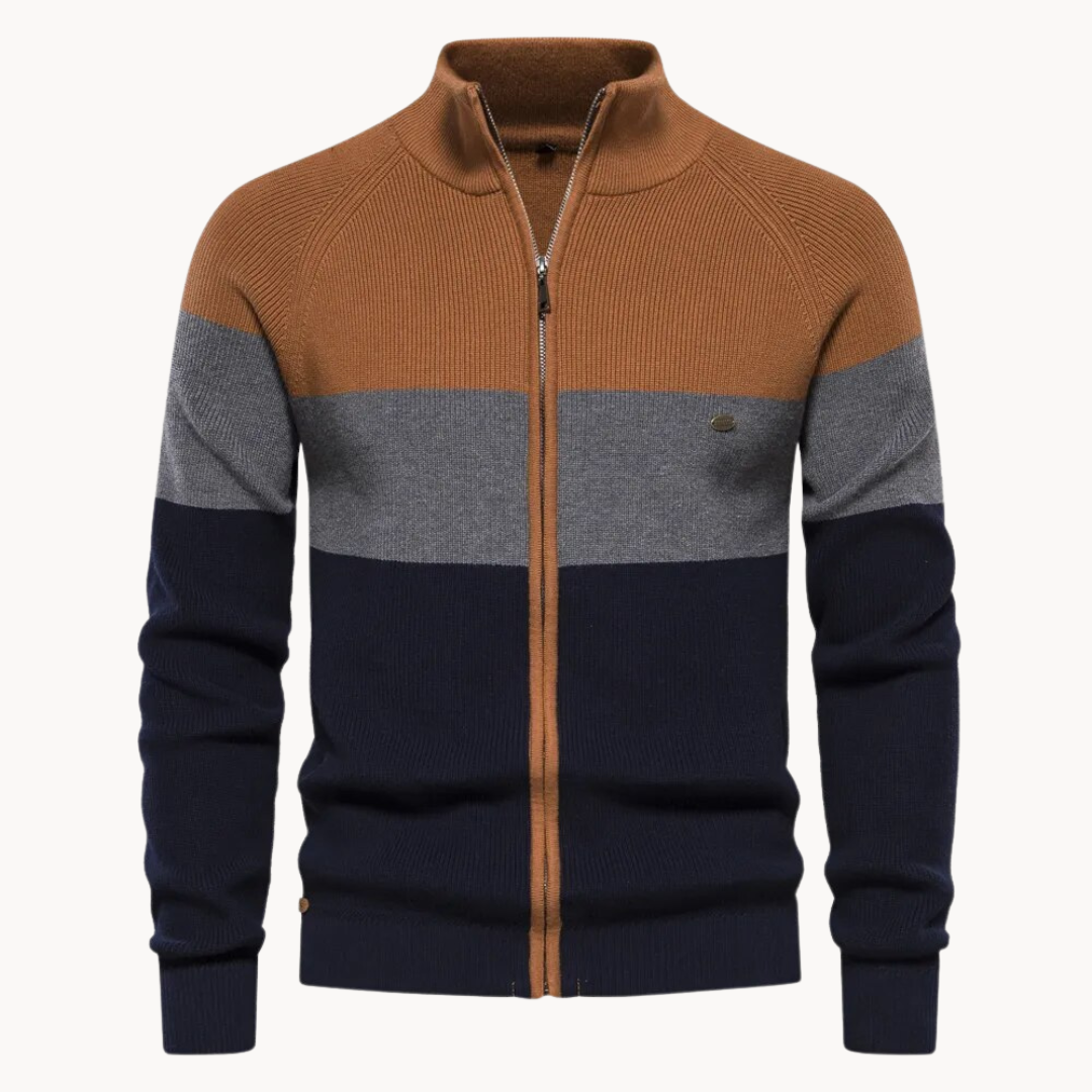 Knit Zip Cardigan - Contrast Stripe Collar & Easy Movement