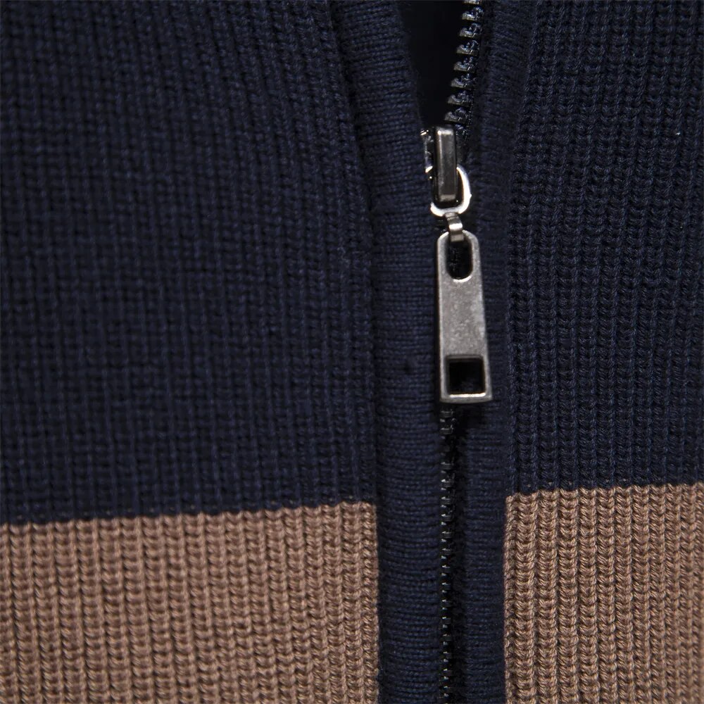 Knit Zip Cardigan - Contrast Stripe Collar & Easy Movement