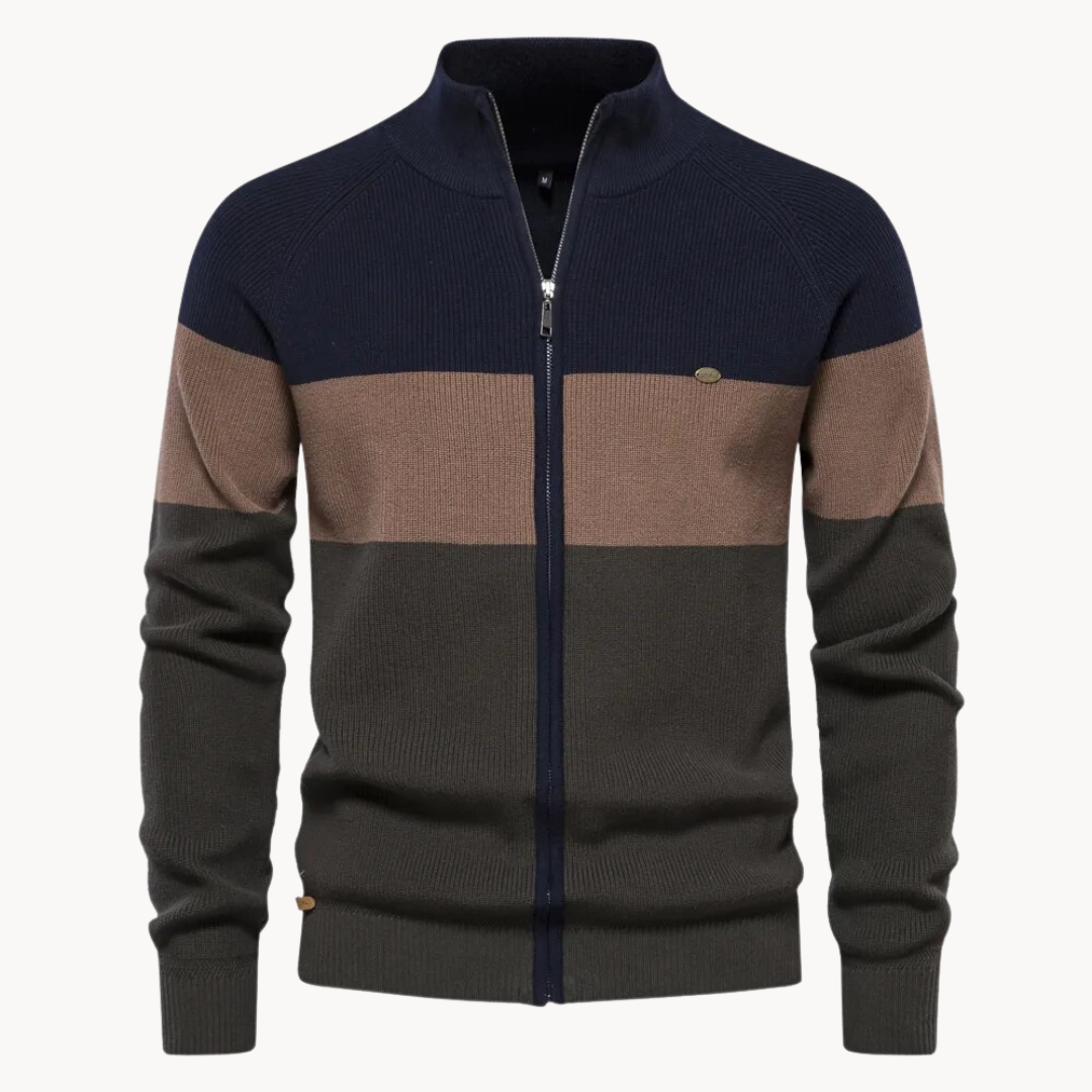 Knit Zip Cardigan - Contrast Stripe Collar & Easy Movement