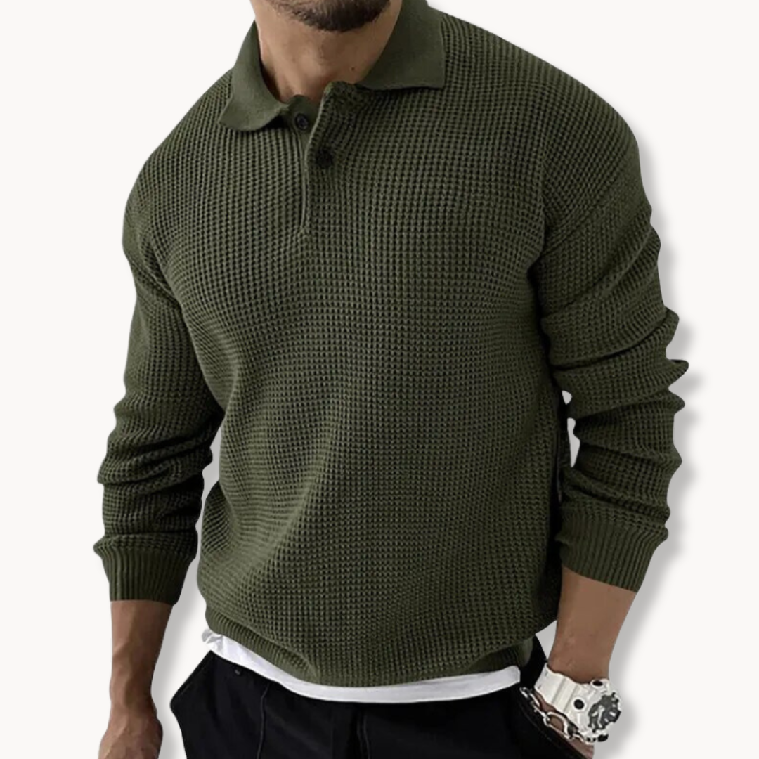 Knitted Polo Sweater - Waffle Texture & Adjustable Neck