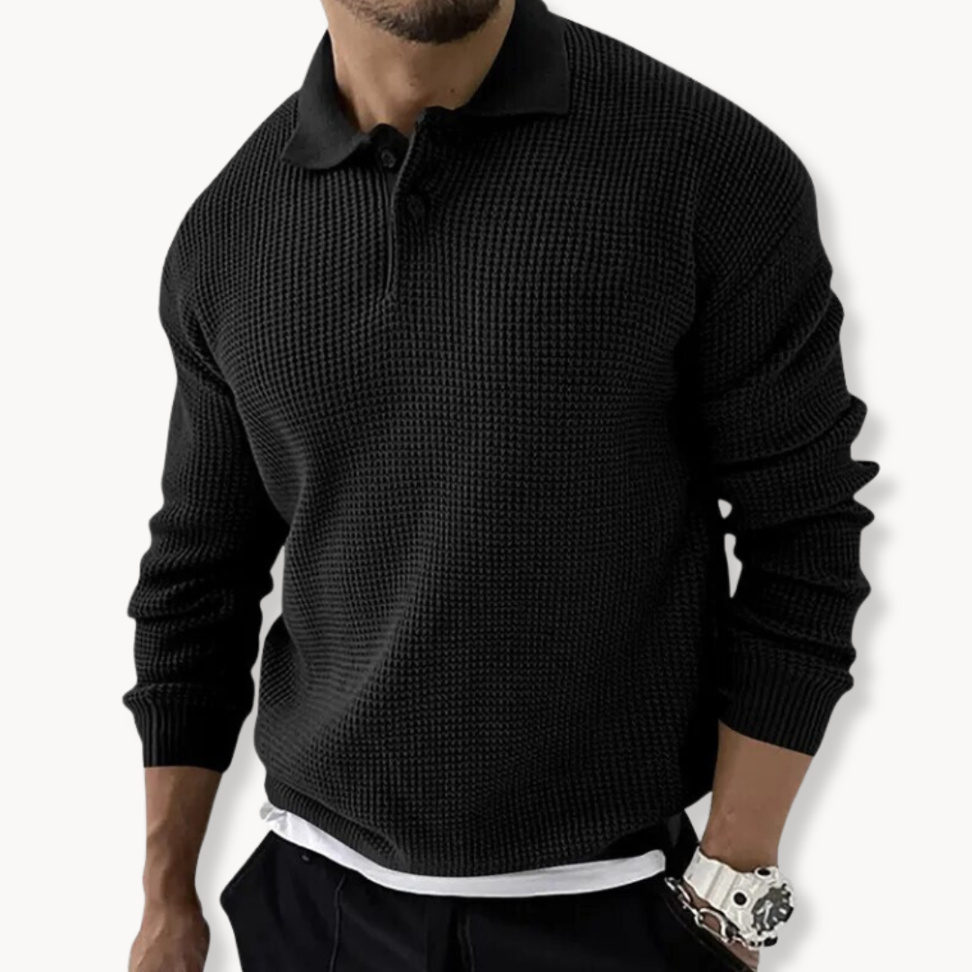 Knitted Polo Sweater - Waffle Texture & Adjustable Neck