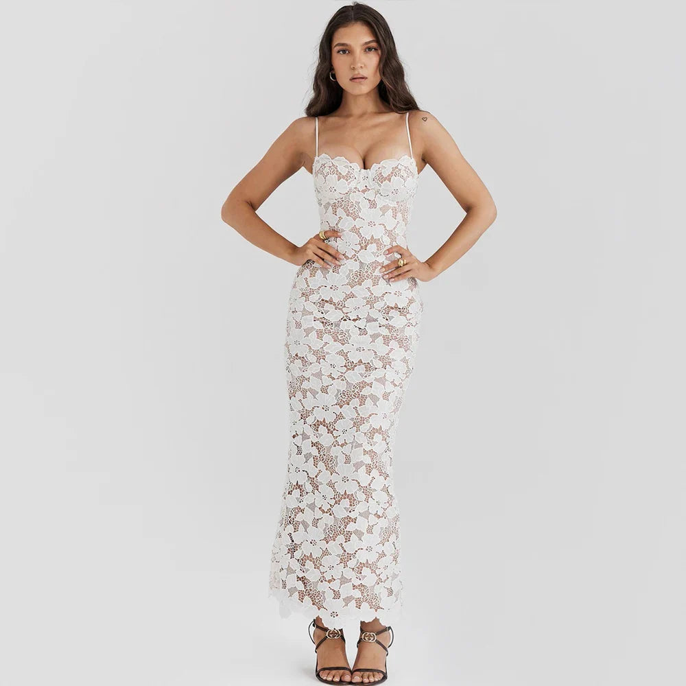 Lace Blend Dress - Sweetheart Neckline And Flowing Skirt
