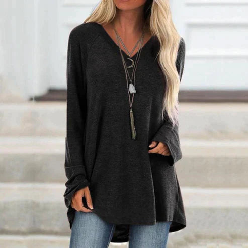 Long Sleeve T Shirt - V Neckline & Relaxed Straight Cut