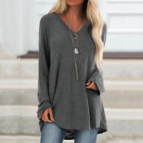Long Sleeve T Shirt - V Neckline & Relaxed Straight Cut
