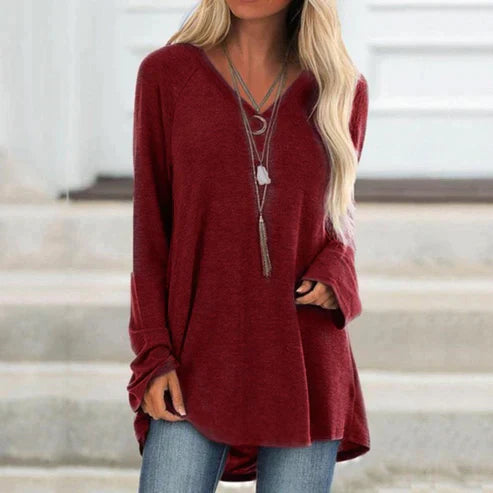 Long Sleeve T Shirt - V Neckline & Relaxed Straight Cut