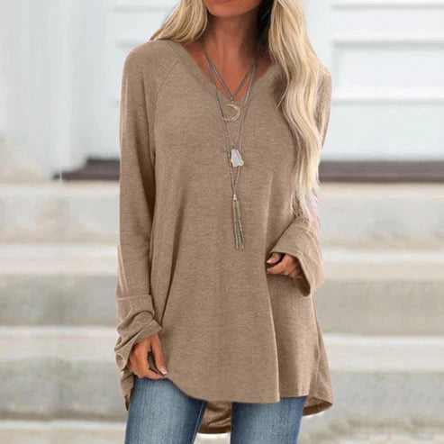 Long Sleeve T Shirt - V Neckline & Relaxed Straight Cut