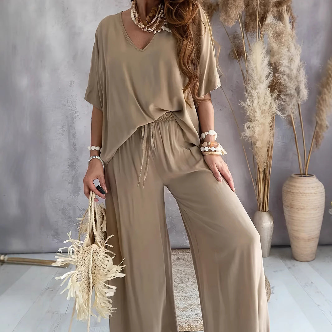 Lounge Set – V Neck Top & Drawstring Waist Easy Movement