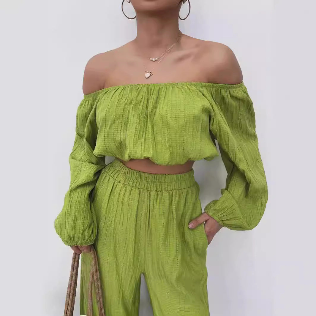 Loungewear Set- Off Shoulder Crop & Flowy Fit Moves Freely