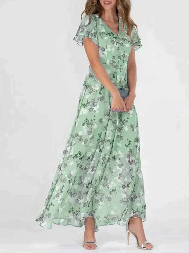 Maxi Dress – Chiffon Blend Flutter Sleeves And Easy Move