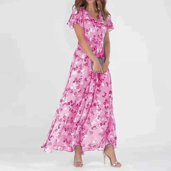Maxi Dress – Chiffon Blend Flutter Sleeves And Easy Move