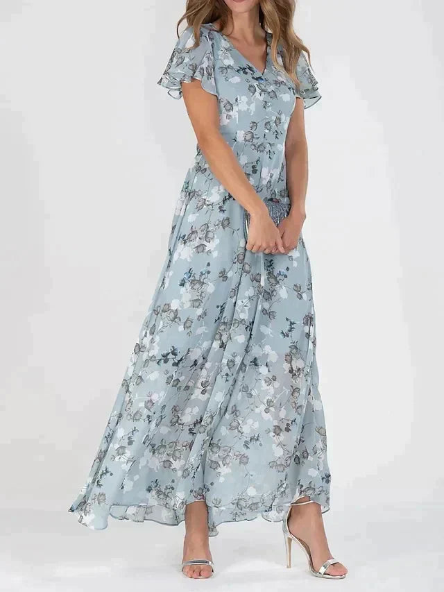 Maxi Dress – Chiffon Blend Flutter Sleeves And Easy Move