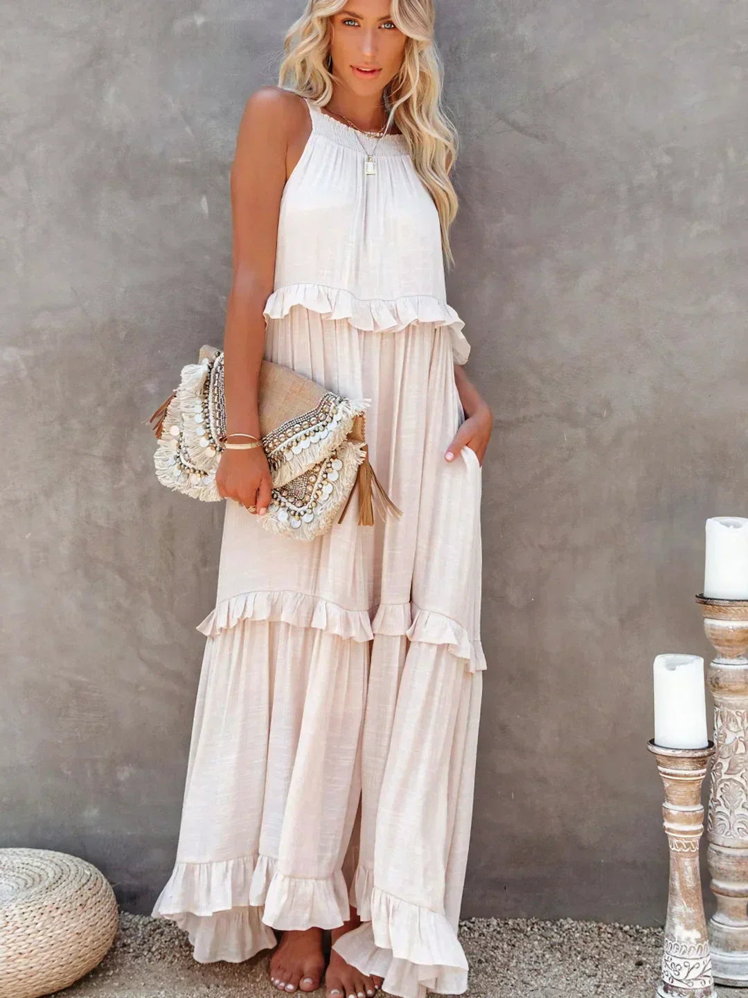 Maxi Dress - Flowy Ruffle Shape & Breathable Light Feel