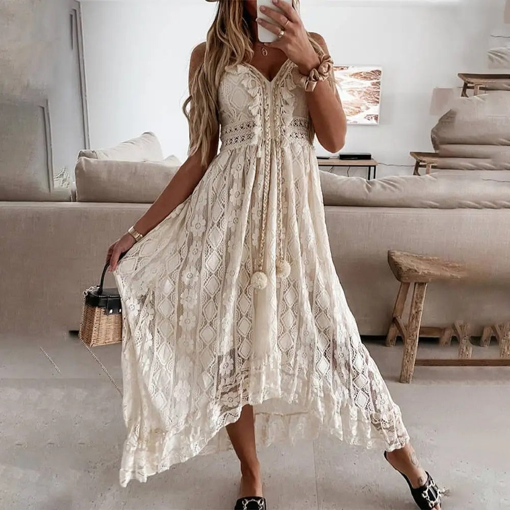 Maxi Dress - Lace Overlay & Soft Blend Flowing Movement