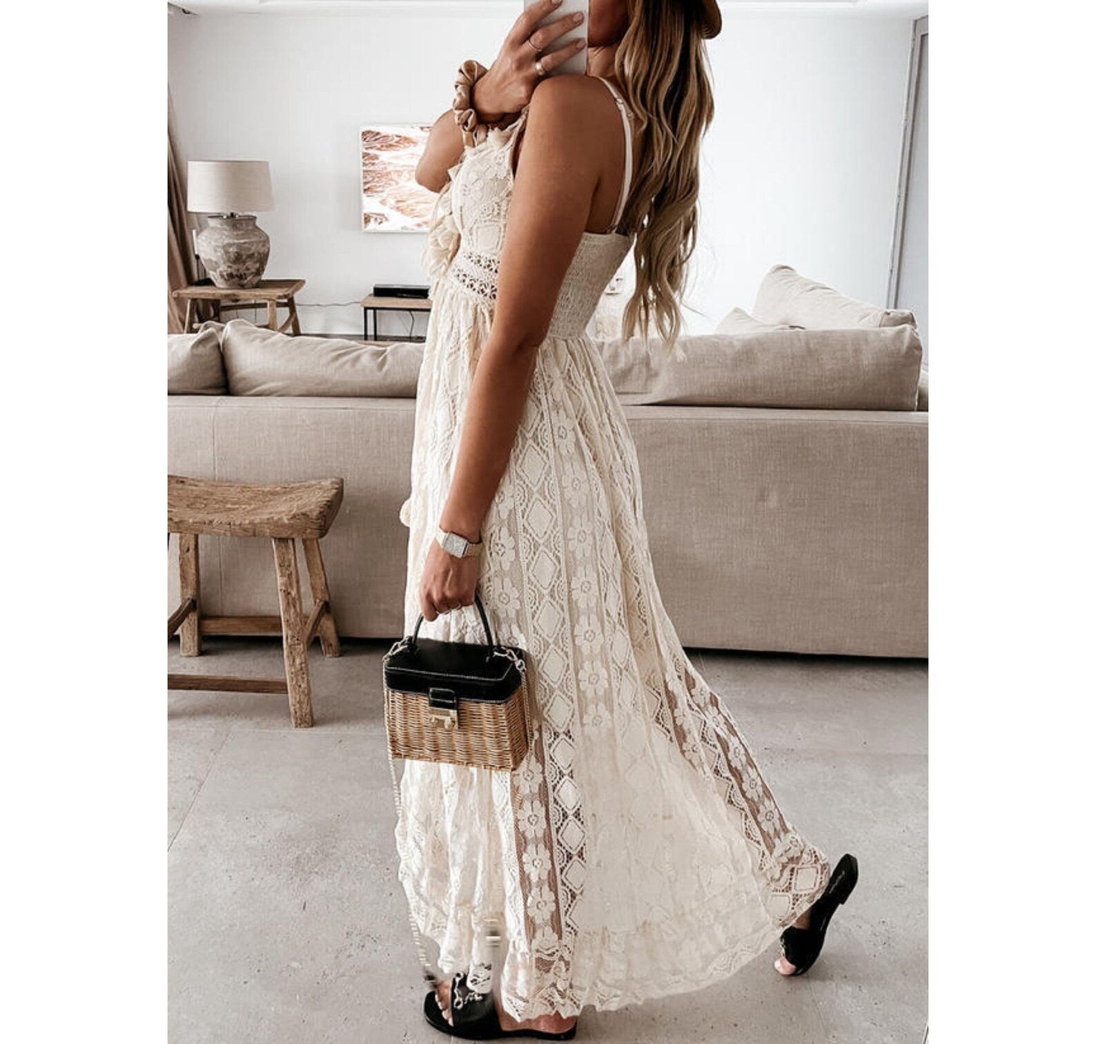 Maxi Dress - Lace Overlay & Soft Blend Flowing Movement