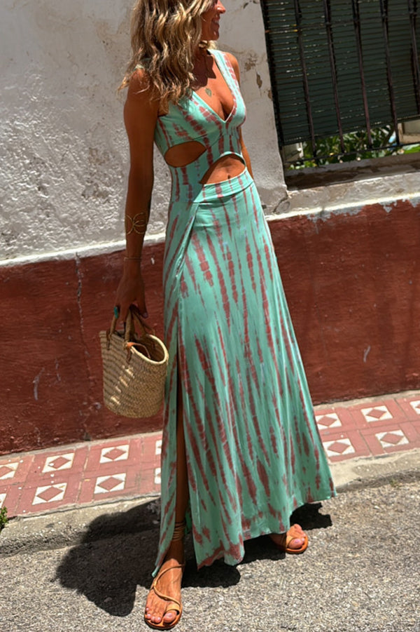 Maxi Dress - Polyester Blend Side Slit & Cutout Waist