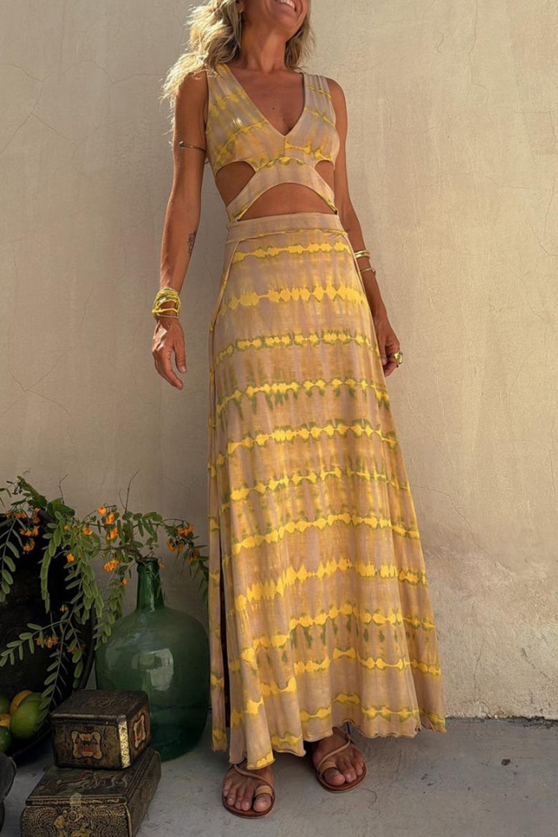 Maxi Dress - Polyester Blend Side Slit & Cutout Waist