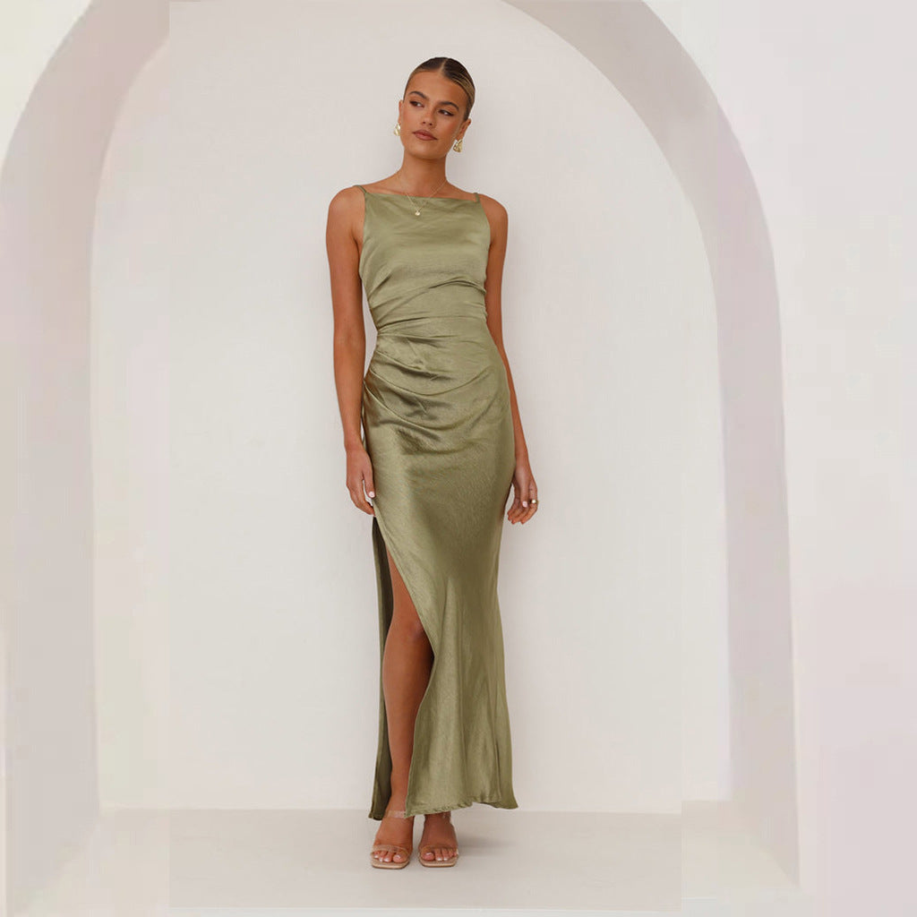 Maxi Dress – Satin Blend Draped Waist & Side Split Ease