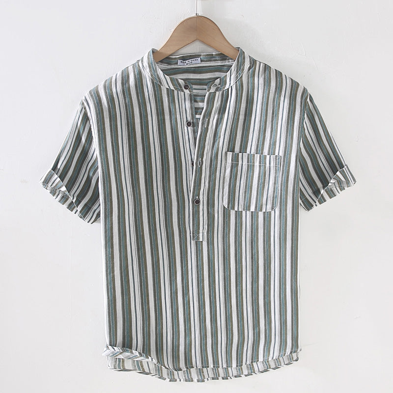 Men's Linen Striped Short Sleeve Shirt 0