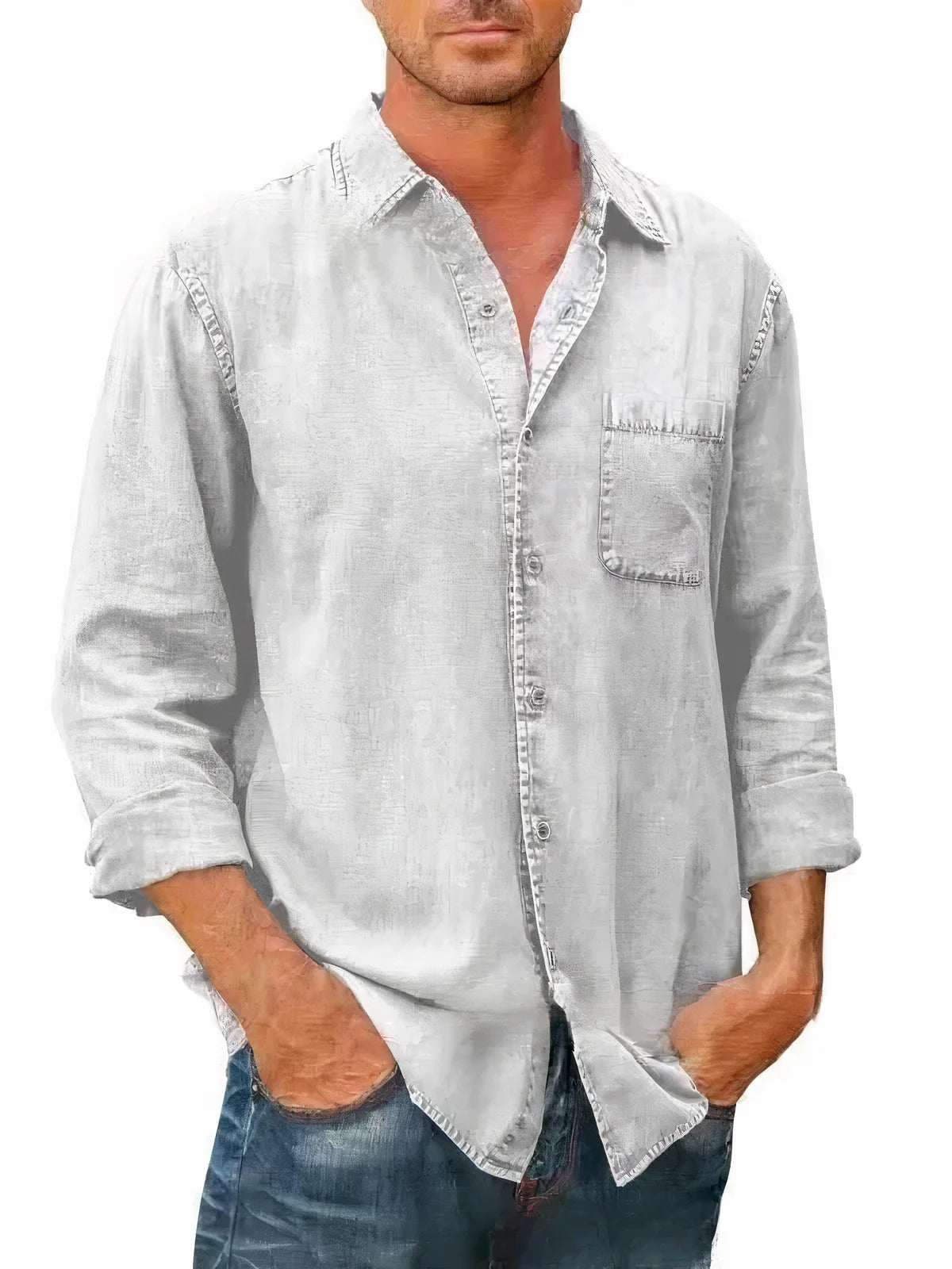 Men's Long Sleeve Denim Shirt with Chest Pocket 0