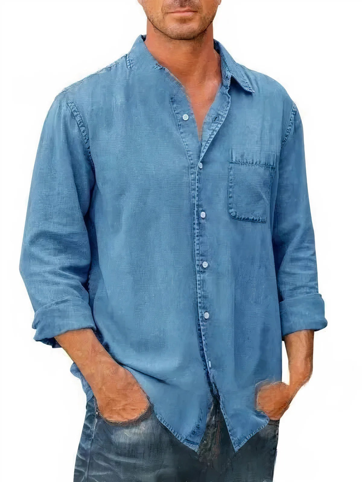 Men's Long Sleeve Denim Shirt with Chest Pocket 1