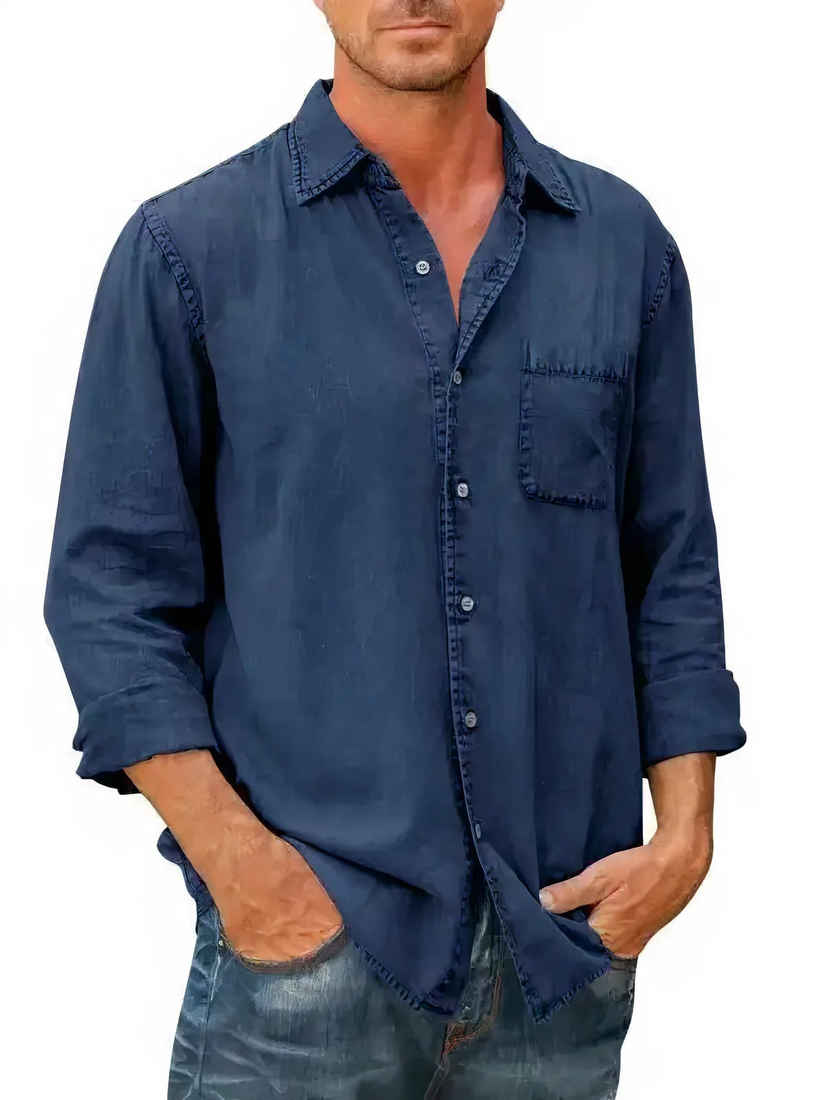 Men's Long Sleeve Denim Shirt with Chest Pocket 3