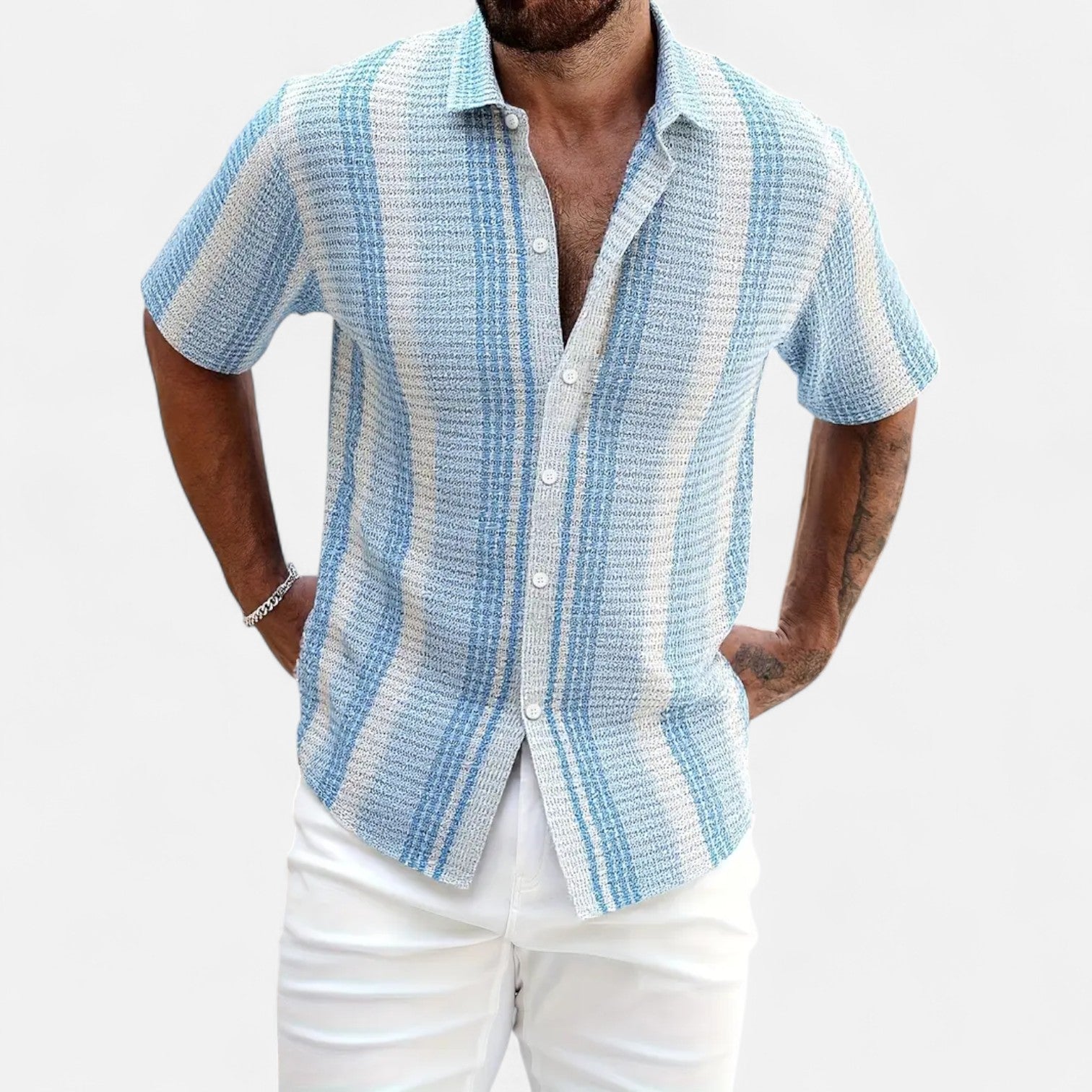 Men's Striped Button-Up Shirt - Lightweight Dress Shirt 0