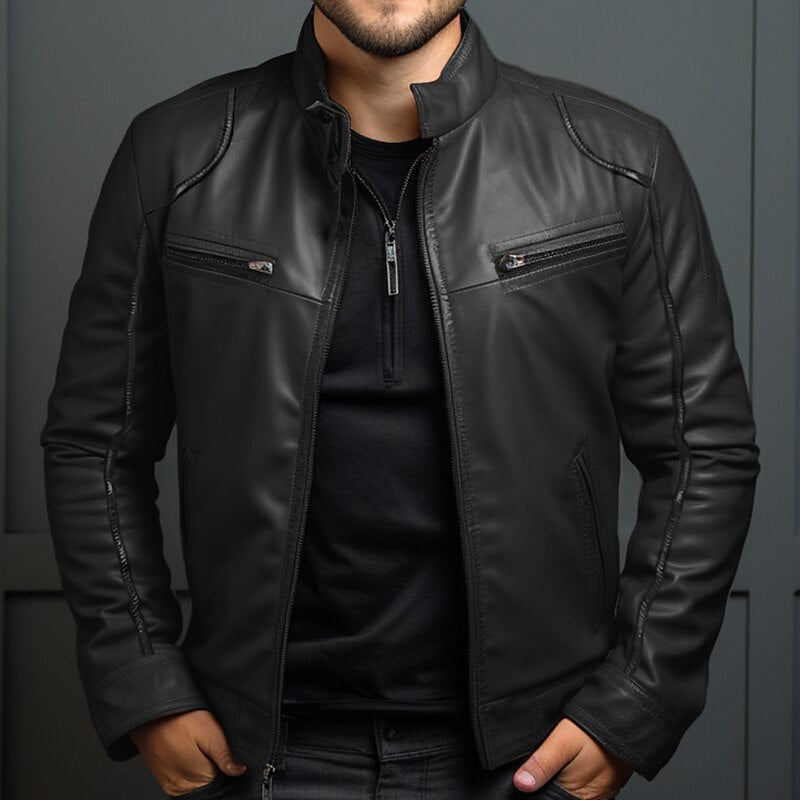 Men's Vintage Leather Jacket with Zipper Closure and Pockets 2