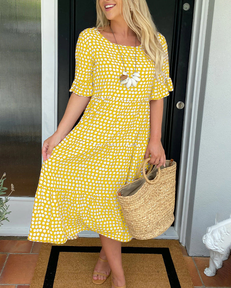 Midi Dress - Polka Dot Print & Lightweight Breathable Drape