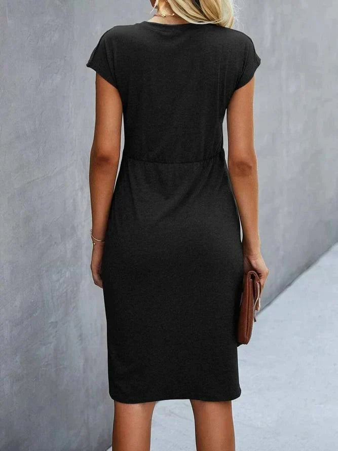 Midi Dress - Shaped Waistband & Easy Movement Round Neck