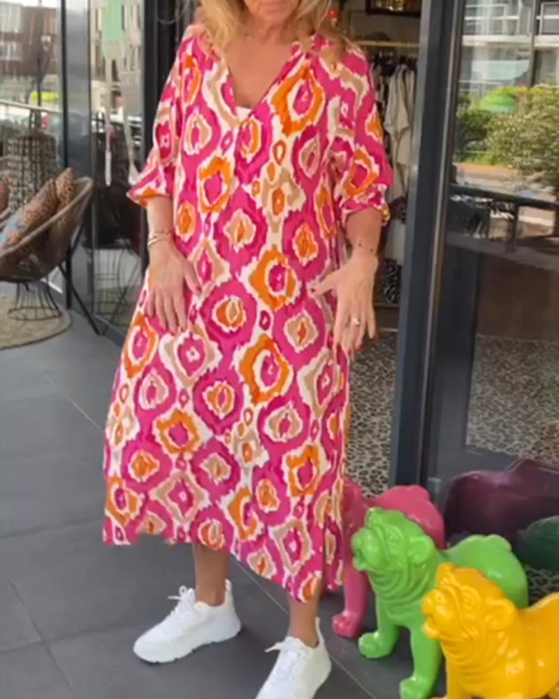 Midi Dress - V Neck And Relaxed Shape For Easy Movement