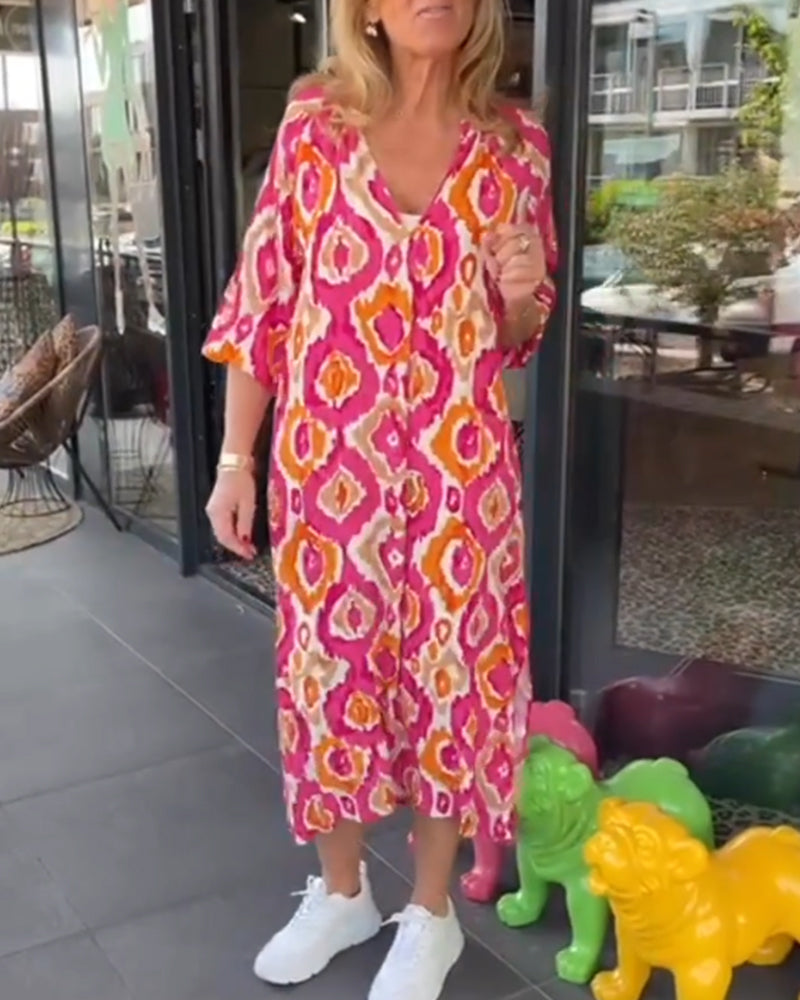 Midi Dress - V Neck And Relaxed Shape For Easy Movement