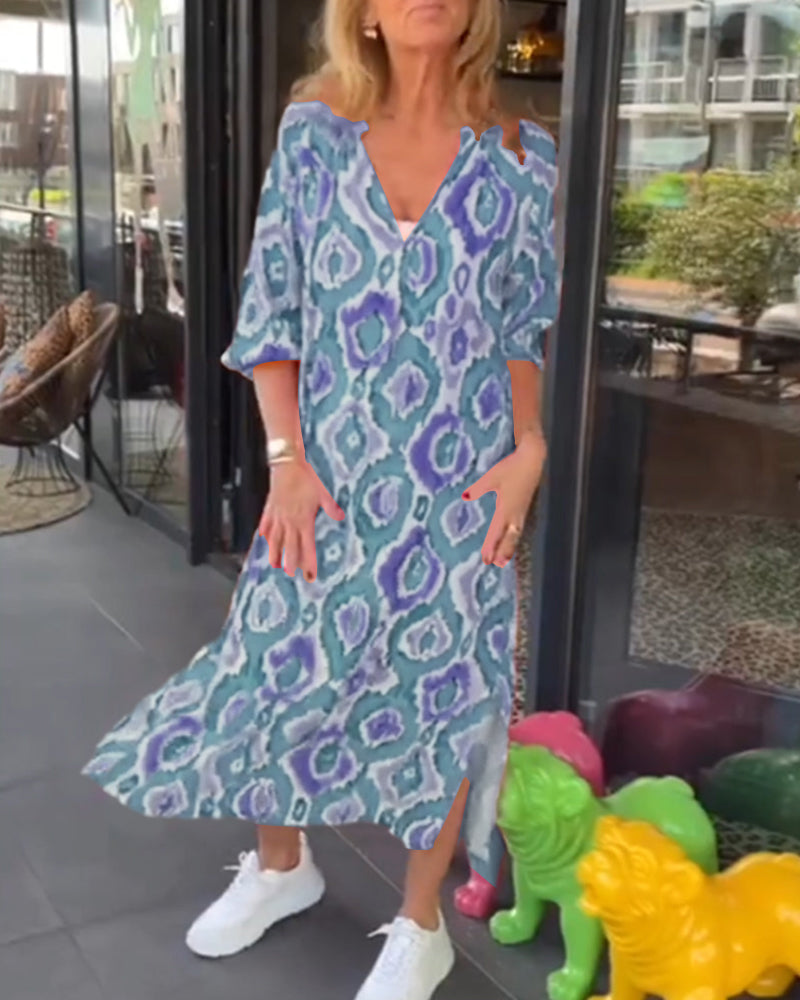 Midi Dress - V Neck And Relaxed Shape For Easy Movement