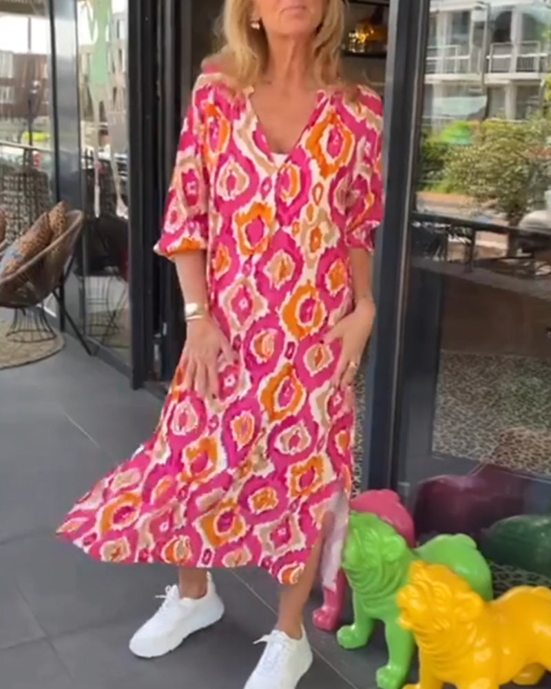 Midi Dress - V Neck And Relaxed Shape For Easy Movement