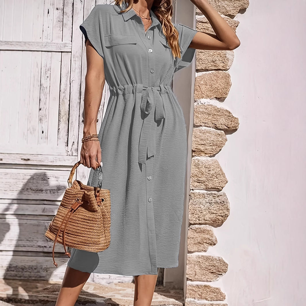 Women's Cotton Shirt Midi Dress with Tie Waist-4
