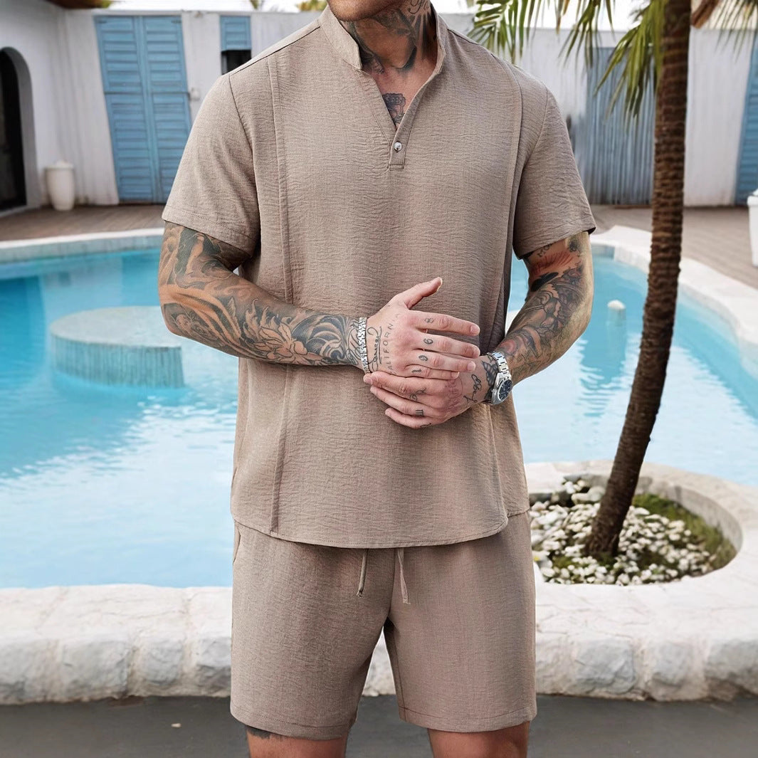 Men's Cotton Henley Shirt and Shorts Set-1