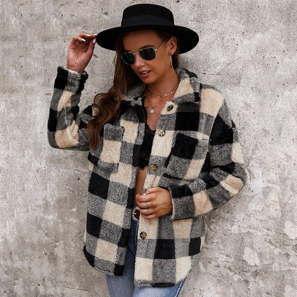 Plush Fur Coat - Checkered Texture And Warm Retention