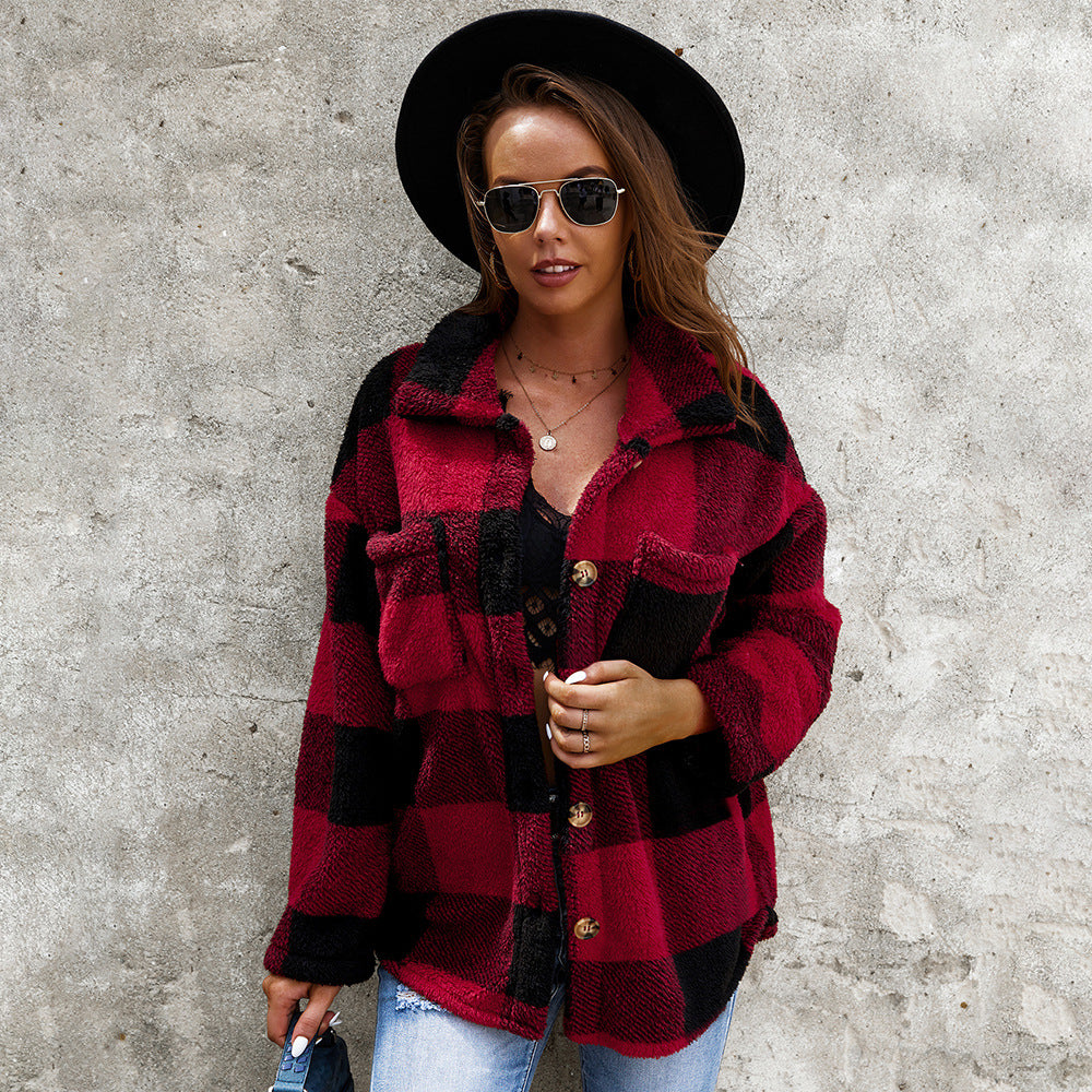 Plush Fur Coat - Checkered Texture And Warm Retention