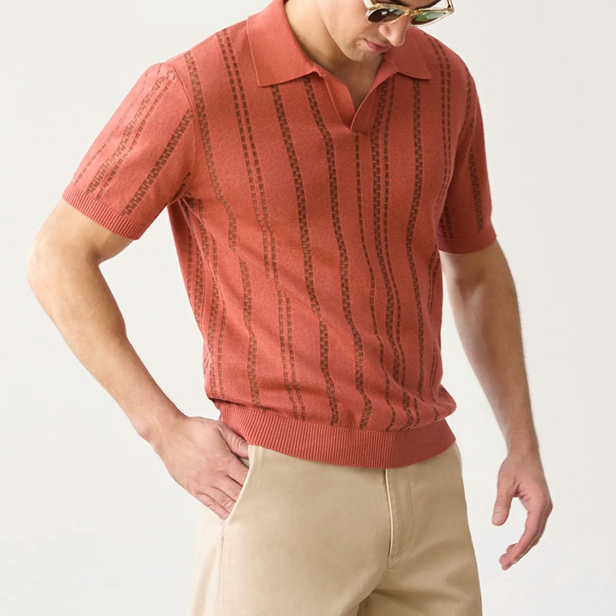 Polo Shirt - Jacquard Knit Blend V Neck & Easy Movement
