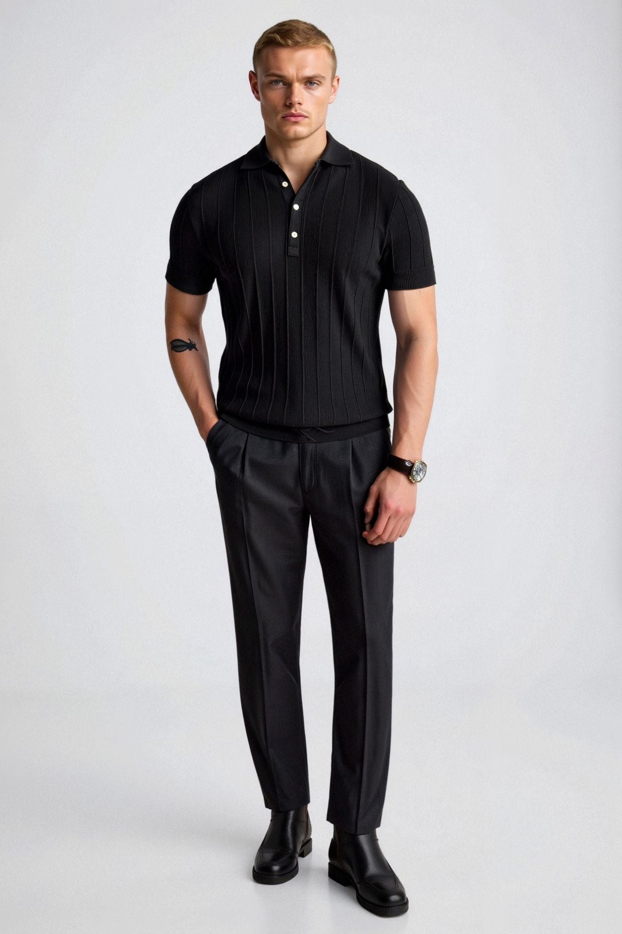 Polo Shirt – Vertical Stripe Placket & Streamlined Fit