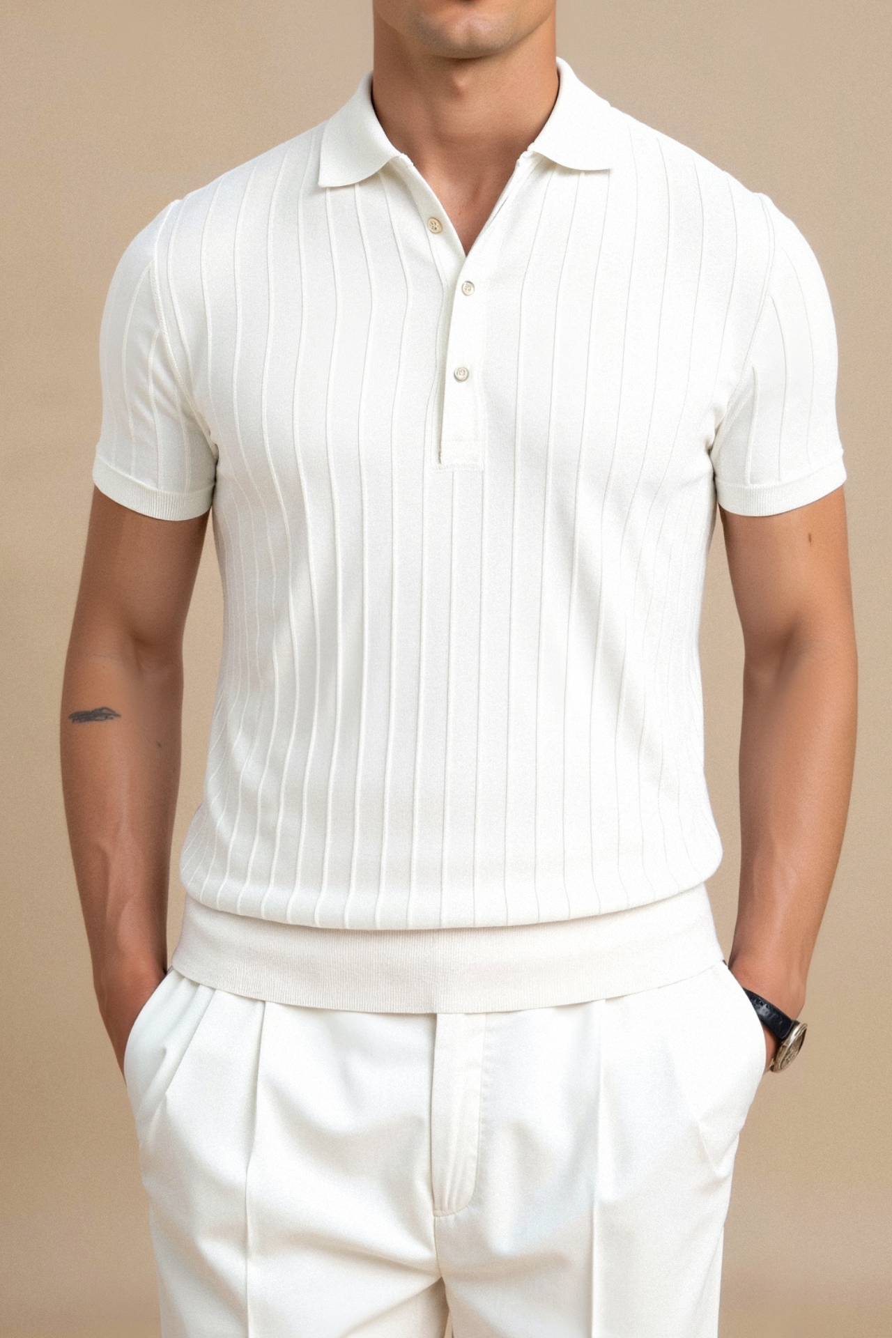 Polo Shirt – Vertical Stripe Placket & Streamlined Fit