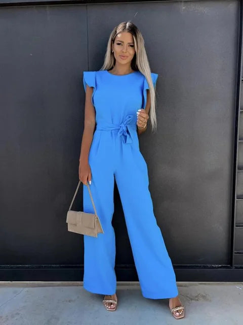 Poly Blend Jumpsuit - Short Sleeves And Elastic Waist
