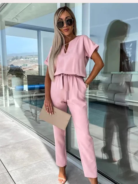 Poly Blend Jumpsuit - Short Sleeves And Elastic Waist