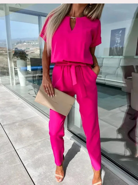 Poly Blend Jumpsuit - Short Sleeves And Elastic Waist