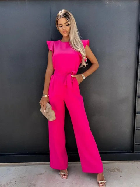 Poly Blend Jumpsuit - Short Sleeves And Elastic Waist