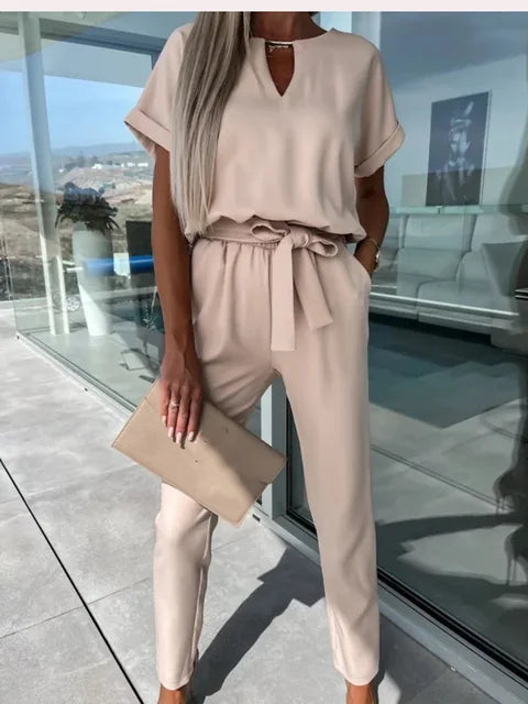 Poly Blend Jumpsuit - Short Sleeves And Elastic Waist