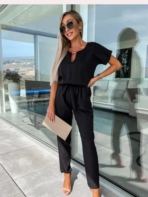 Poly Blend Jumpsuit - Short Sleeves And Elastic Waist